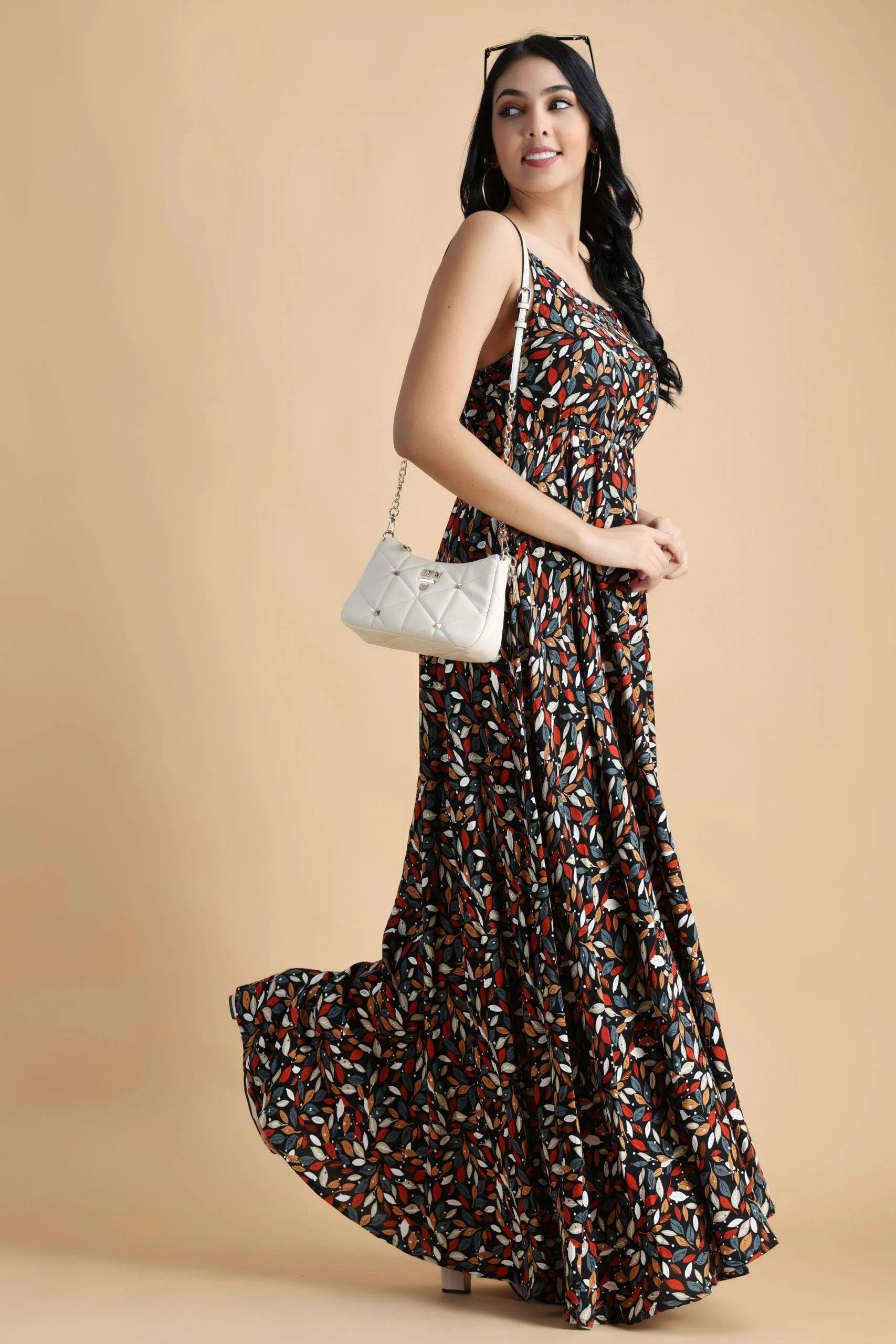 Black Multicolored Leaves Printed Dress