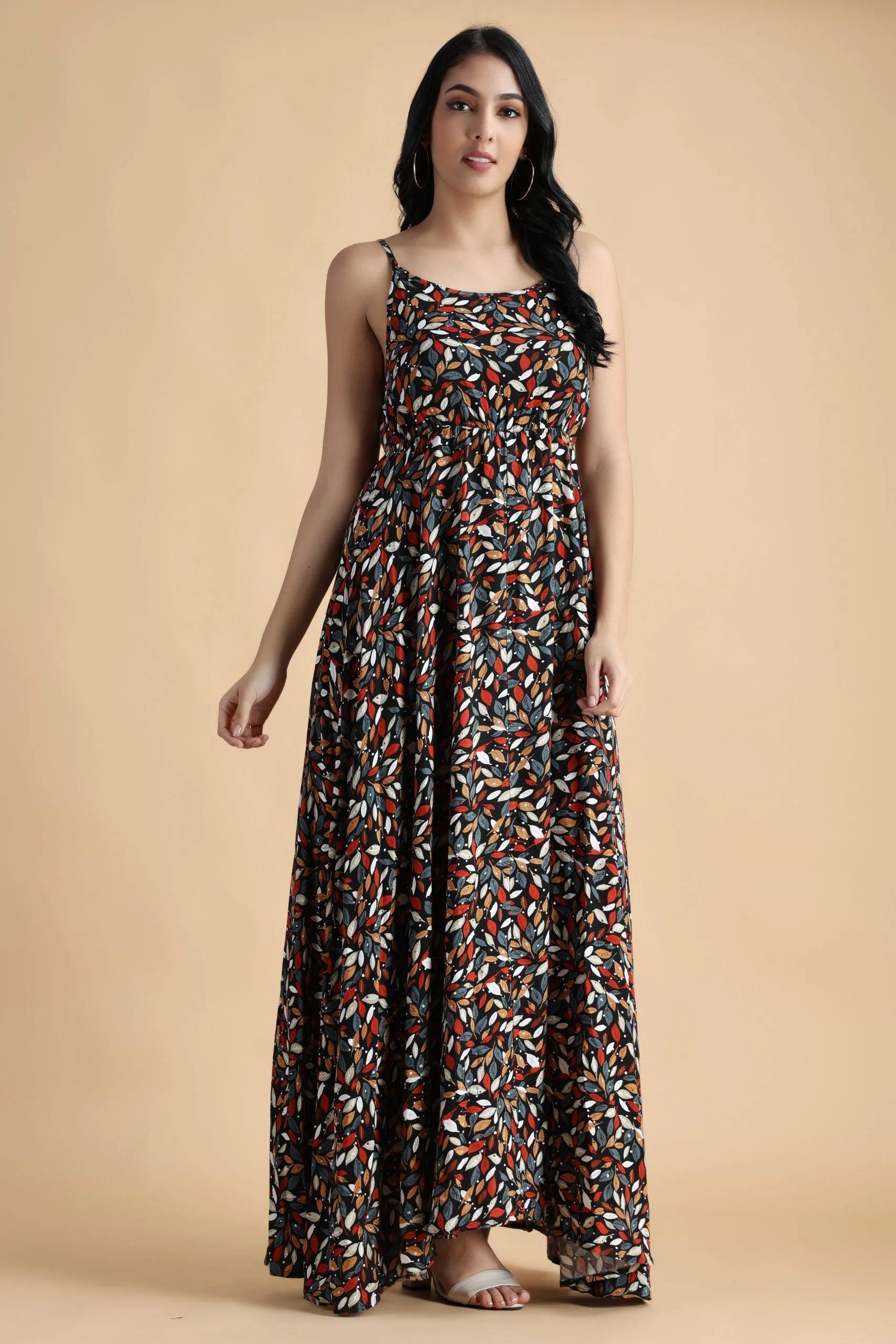 Black Multicolored Leaves Printed Dress