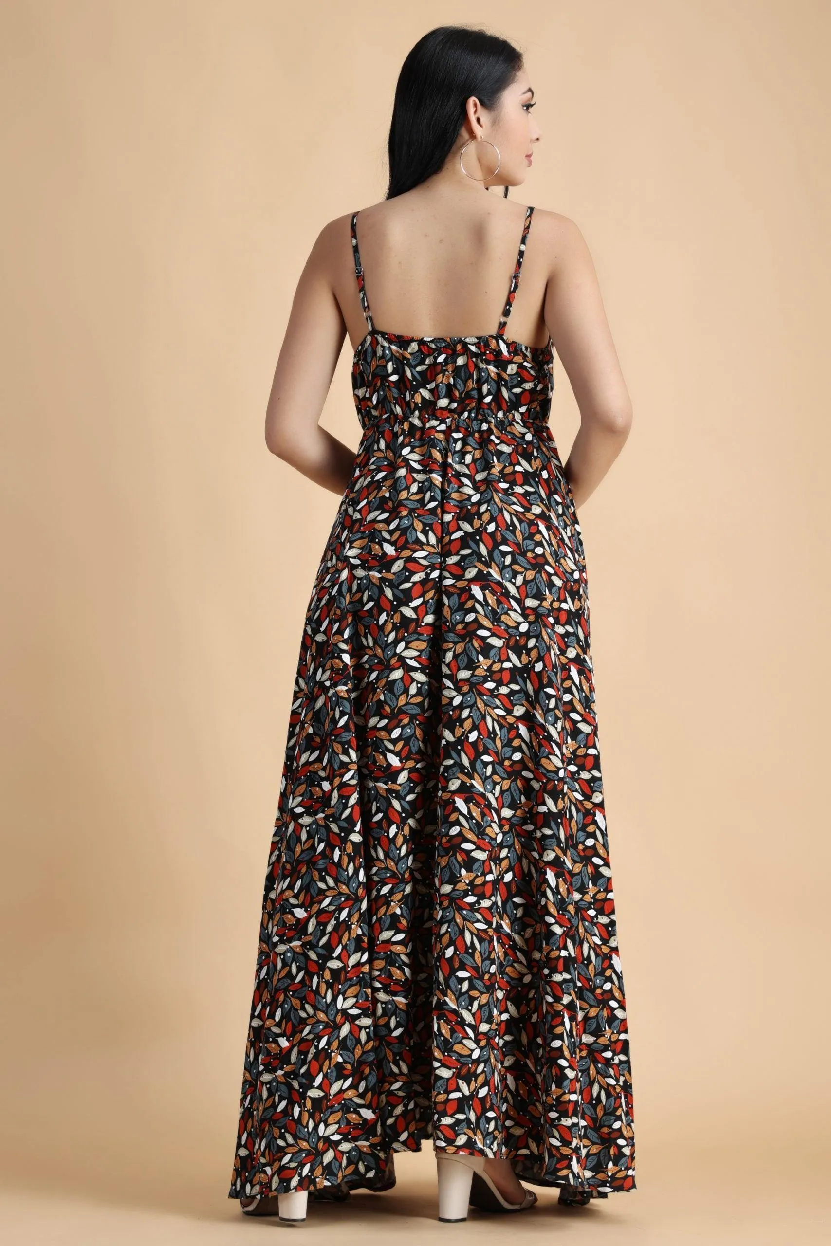 Black Multicolored Leaves Printed Dress