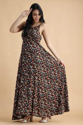 Black Multicolored Leaves Printed Dress