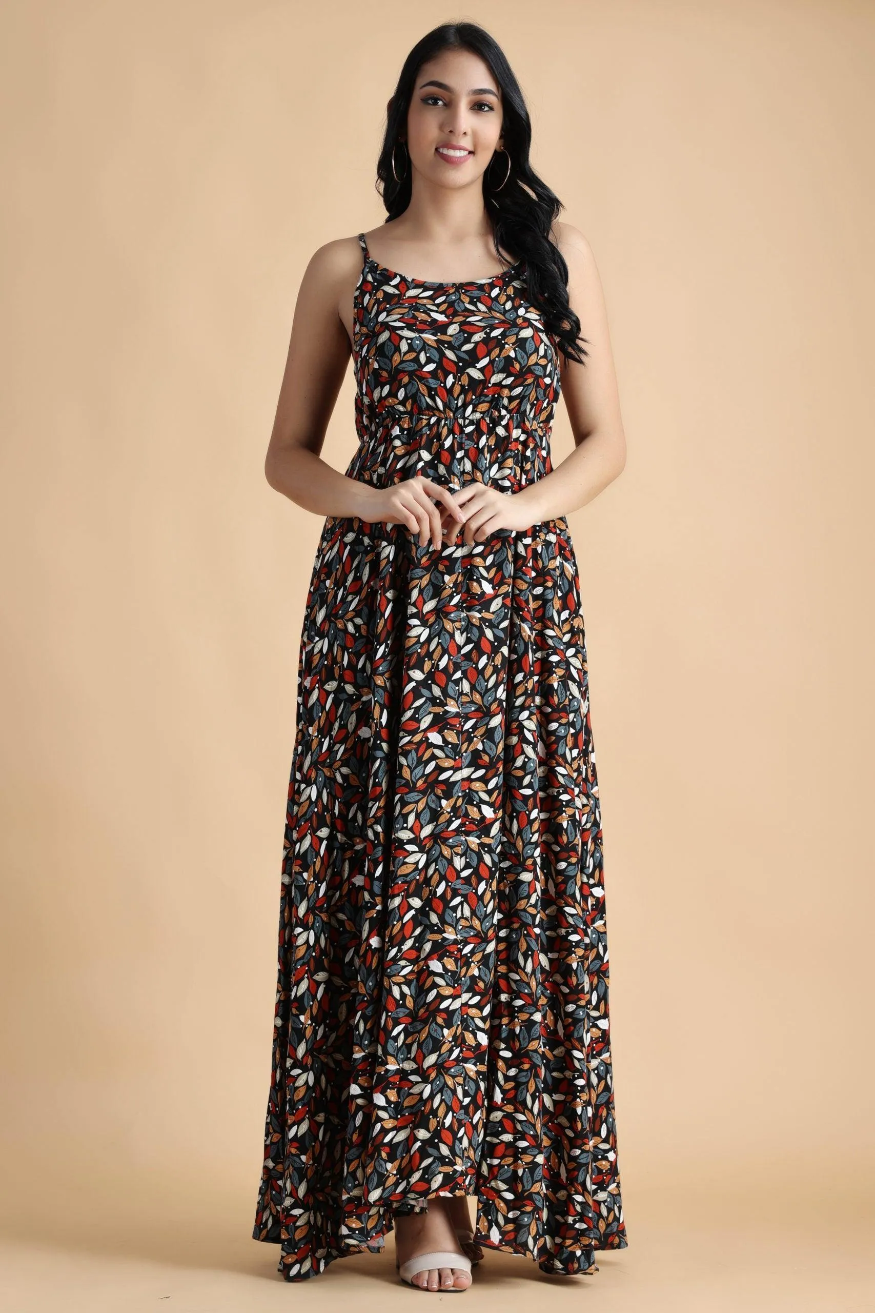 Black Multicolored Leaves Printed Dress