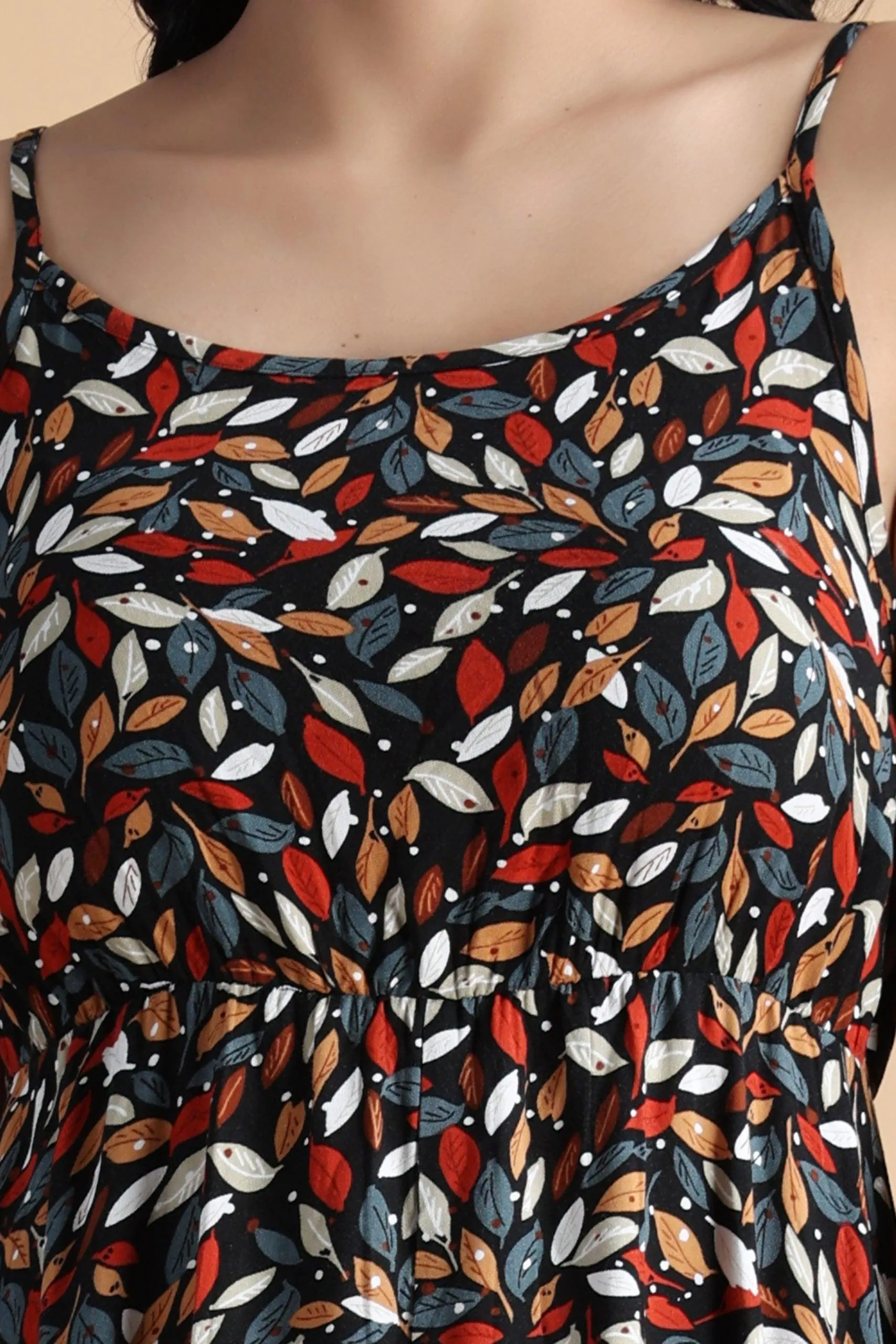 Black Multicolored Leaves Printed Dress