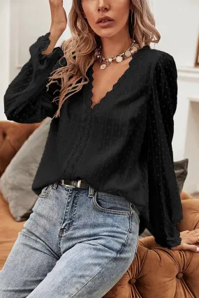 Black Solid Swiss Dot Lace Top