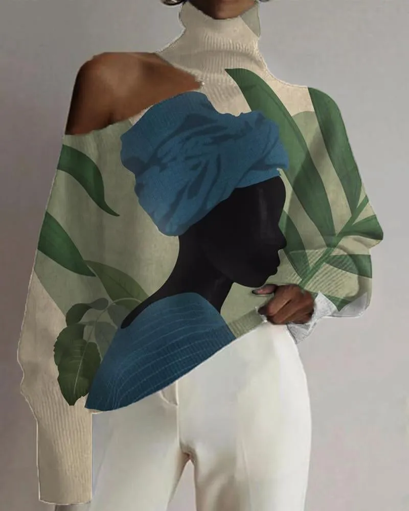 Black Women's Art Color Matching Print Cutout Turtleneck Top