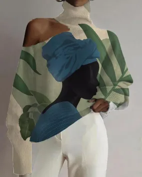 Black Women's Art Color Matching Print Cutout Turtleneck Top