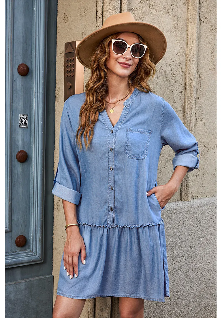 Blue Breeze Women's Brief Loose Denim Button Down Dress with Pockets