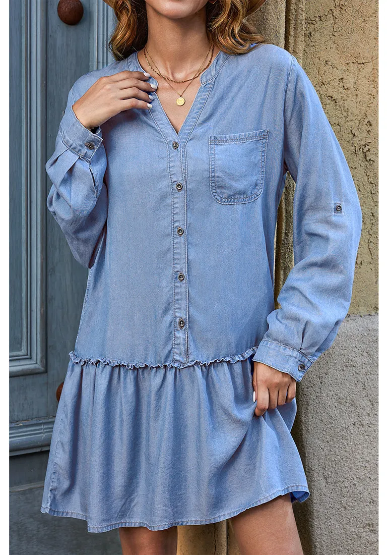 Blue Breeze Women's Brief Loose Denim Button Down Dress with Pockets