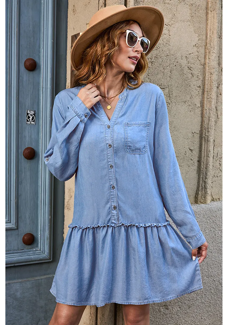 Blue Breeze Women's Brief Loose Denim Button Down Dress with Pockets