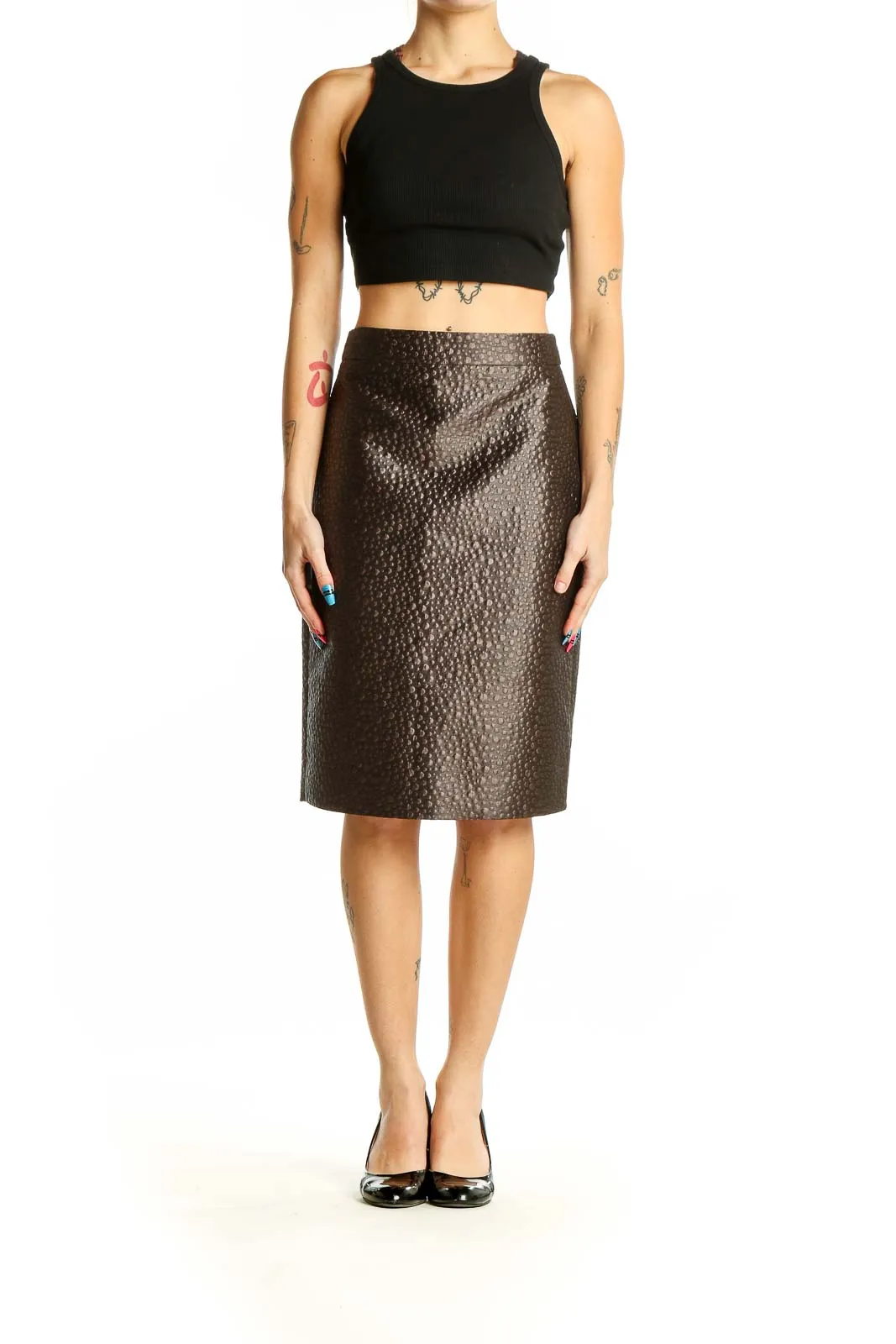Brown Textured Pencil Skirt