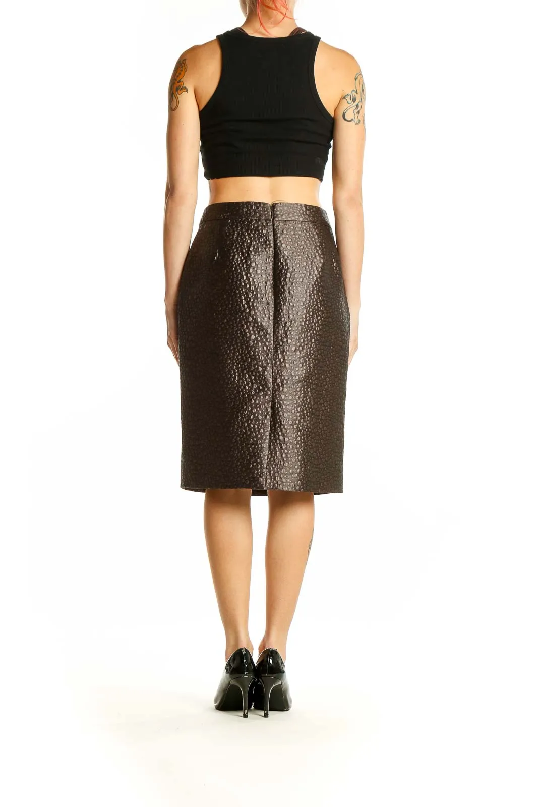 Brown Textured Pencil Skirt