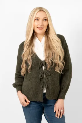 Cassidy Tie Front Wool Blend Cardigan - Khaki