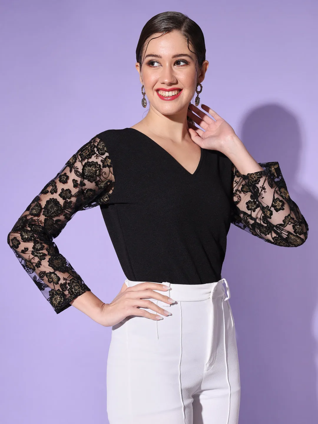 Casual Regular Sleeves V-Neck Solid Women Black Top