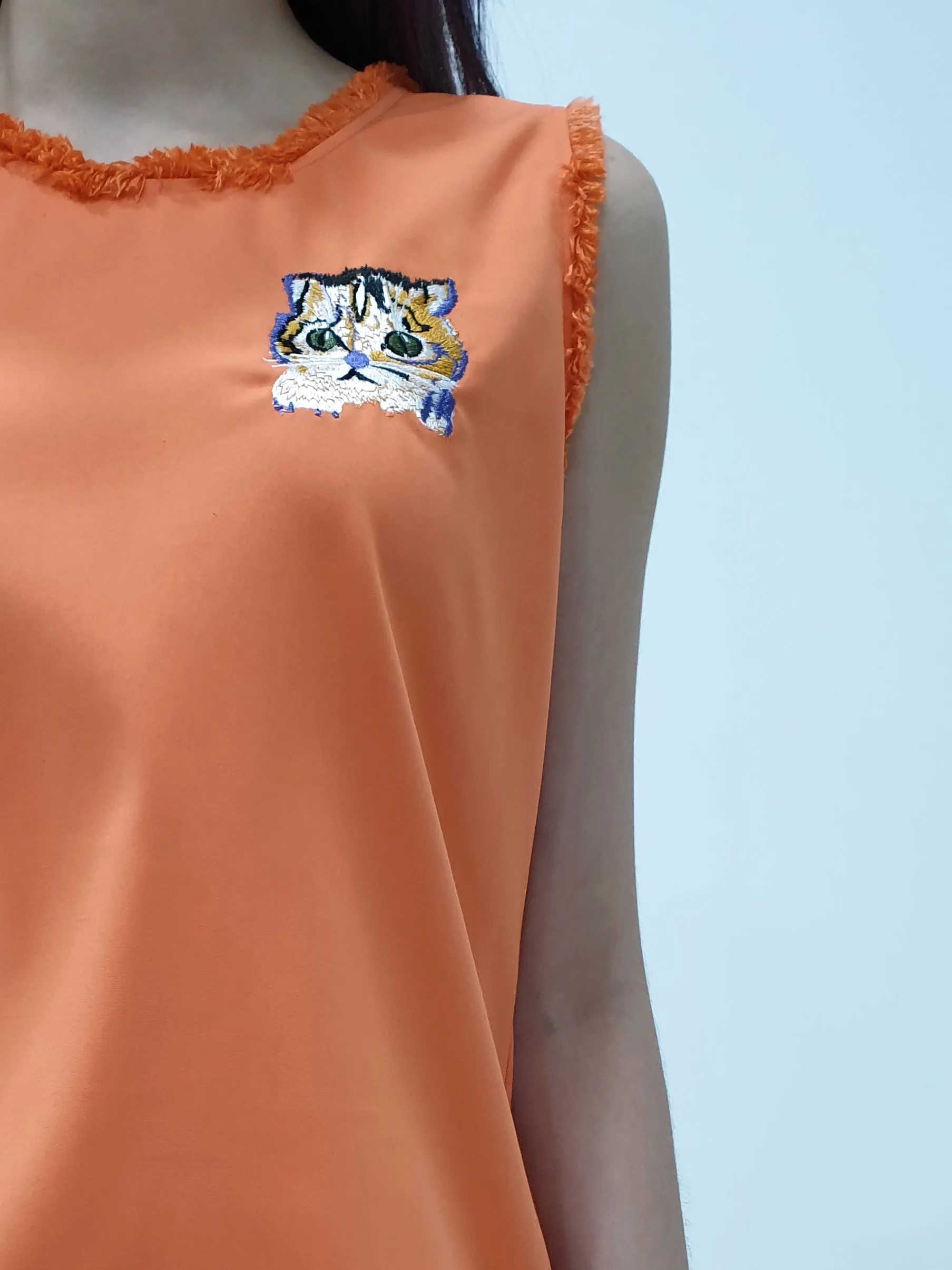 Cat Embroidery Raw Hem Dress - Orange (Non-returnable)