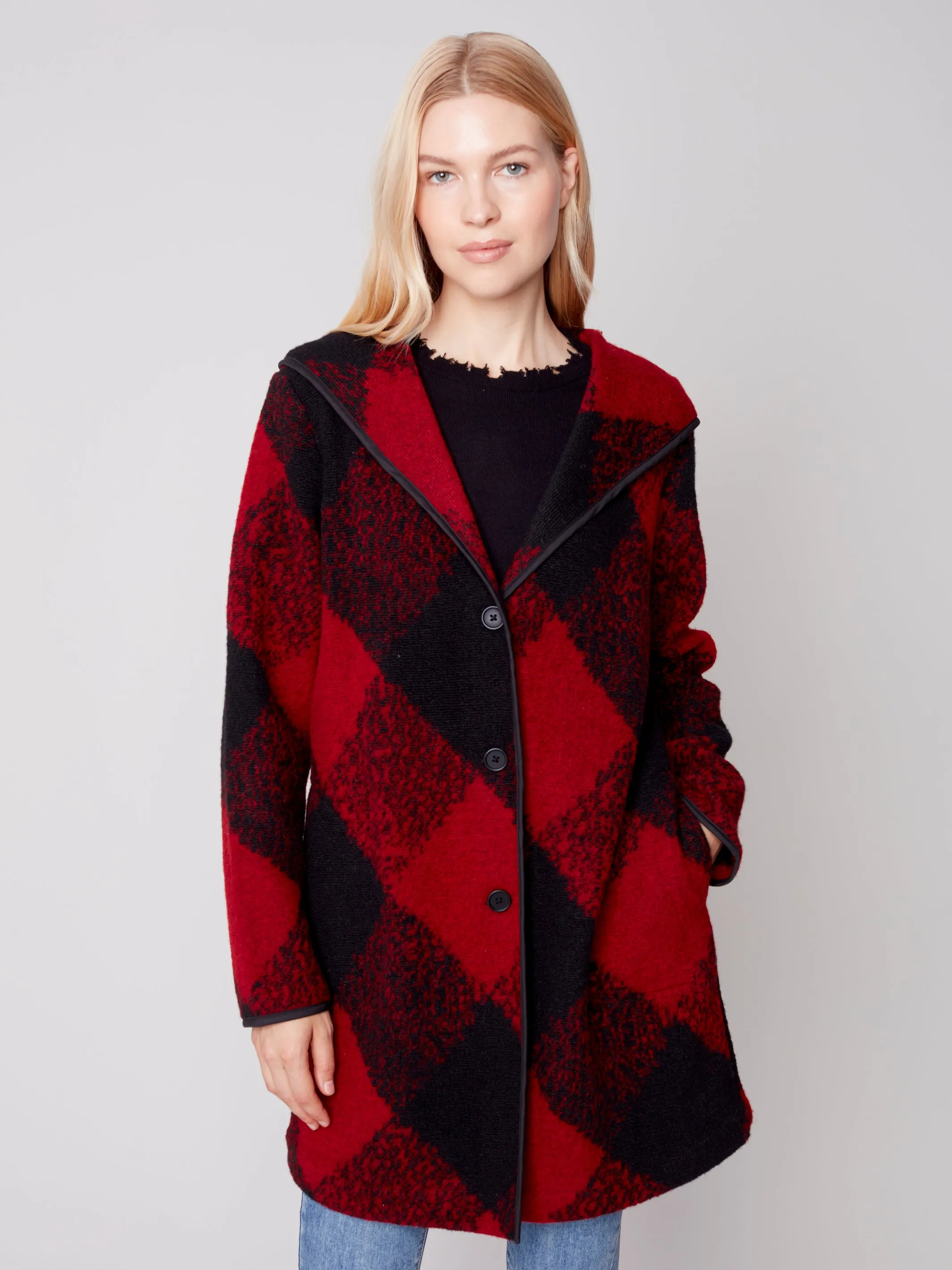 Charlie B Fall 2023-C6267-174B- Plaid Wool Coat-Ruby