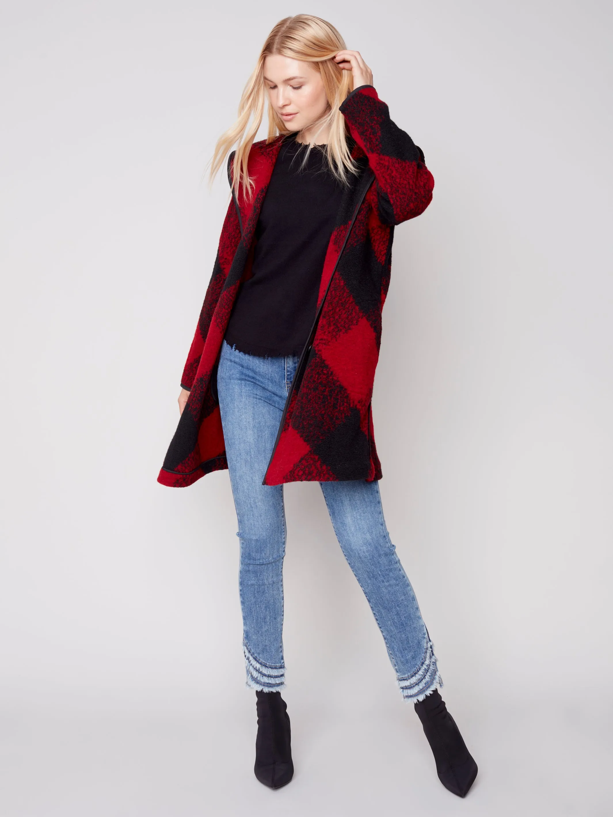 Charlie B Fall 2023-C6267-174B- Plaid Wool Coat-Ruby