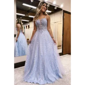 Charming Spaghetti Straps Long A- Line Appliques Party Prom Dress