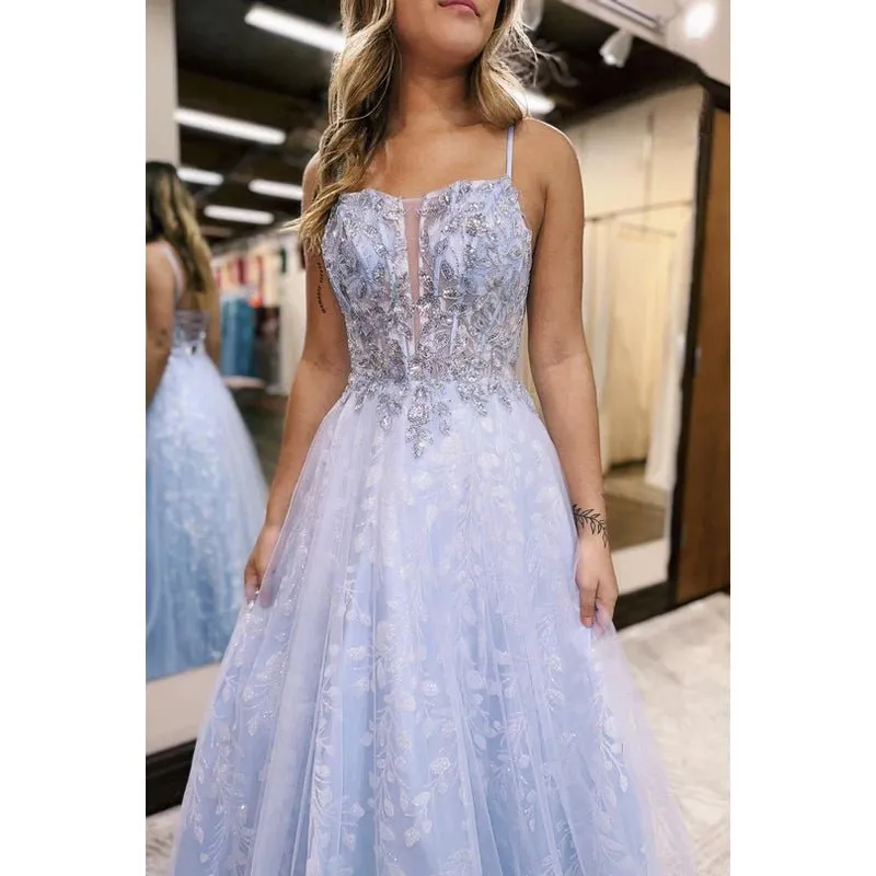 Charming Spaghetti Straps Long A- Line Appliques Party Prom Dress