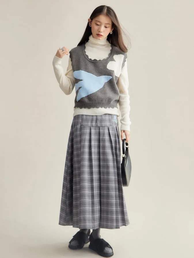 Checkered Tulip Embroidery Pleated Skirt