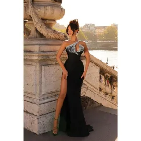 Chic Beaded One Shoulde Satin Long Prom Dress with Slit Evening Gowns