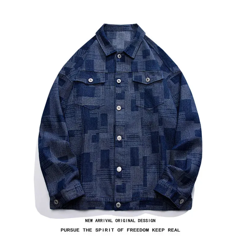 Chicmy-2025 New spring denim jacket man coat Vintage Loose Denim Jacket with Grid Pattern High End American Casual Jean Coat for Men