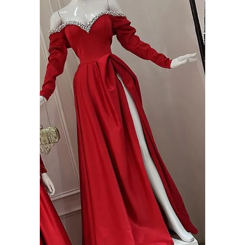 Classic & Timeless Off-Shoudler A-line Side Slit Evening Party Prom Dress With Pearls
