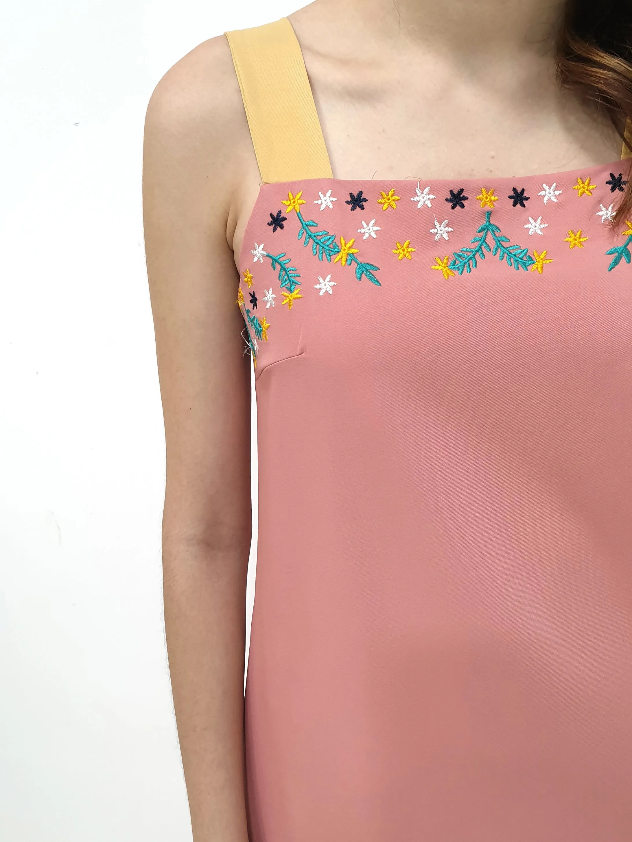 Contrast Straps Embroidery Dress (Non-returnable)
