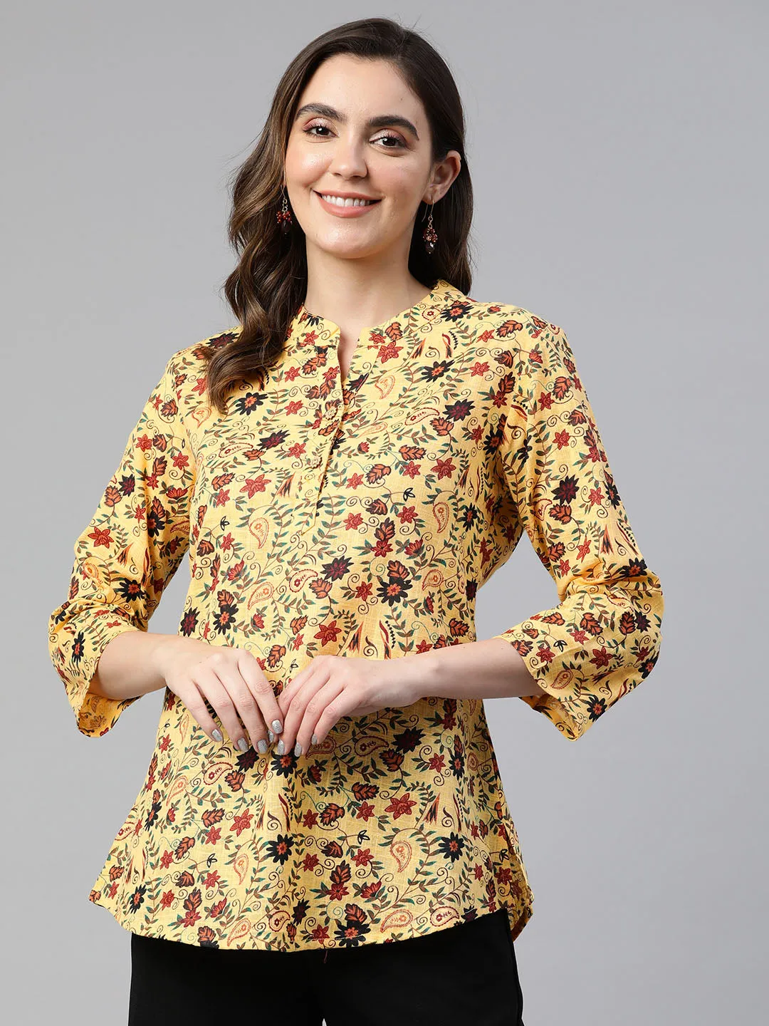 Cottinfab Floral Print Mandarin Collar Cotton Top