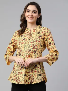 Cottinfab Floral Print Mandarin Collar Cotton Top