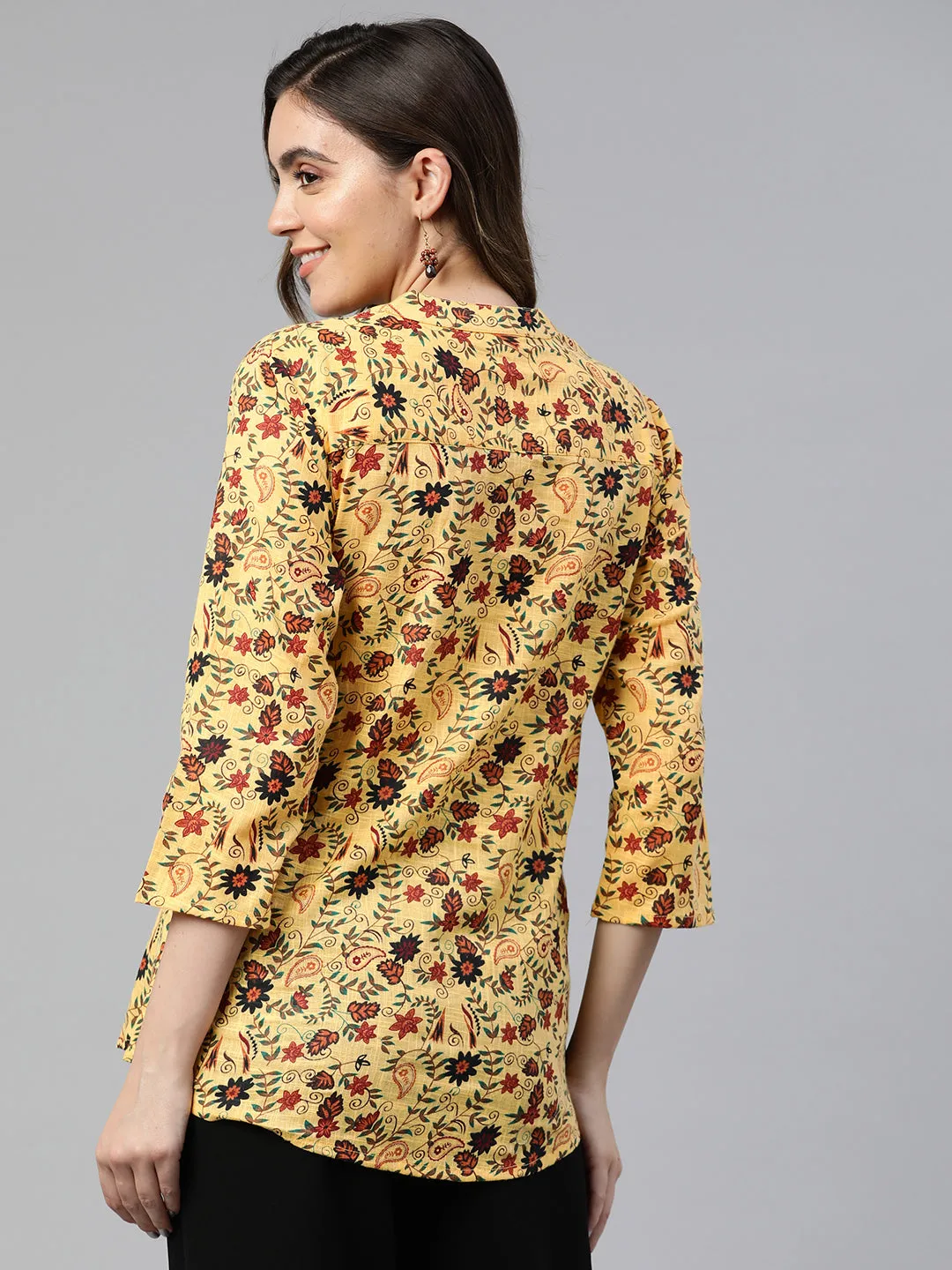 Cottinfab Floral Print Mandarin Collar Cotton Top