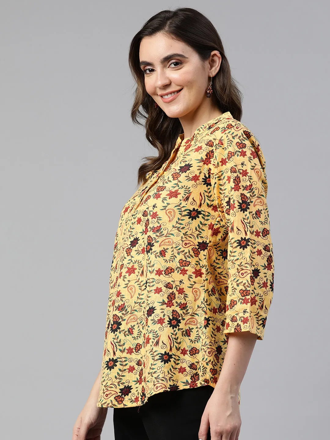 Cottinfab Floral Print Mandarin Collar Cotton Top