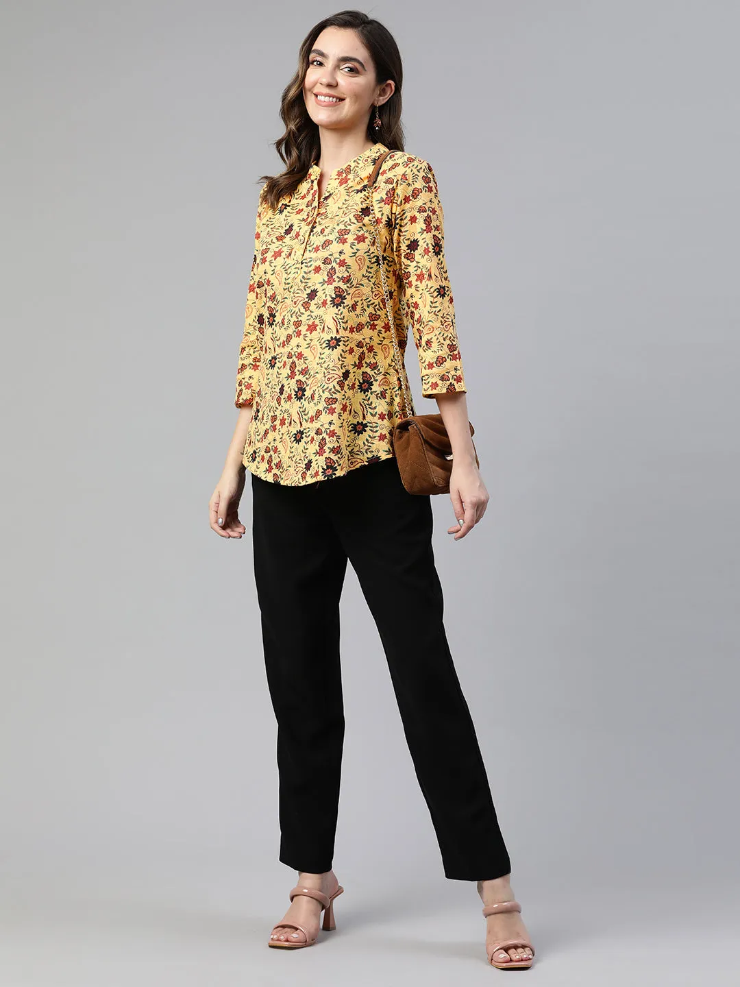 Cottinfab Floral Print Mandarin Collar Cotton Top