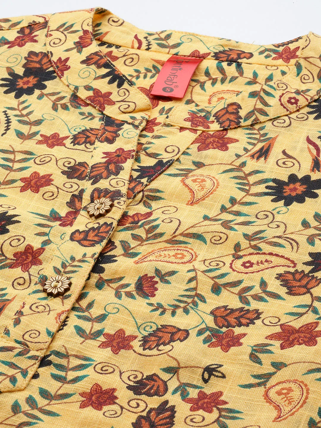 Cottinfab Floral Print Mandarin Collar Cotton Top