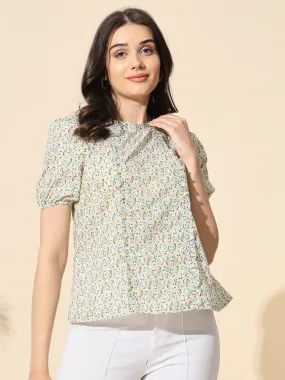 Cotton Print Top With Frill and Ruffle- #TP011- Green