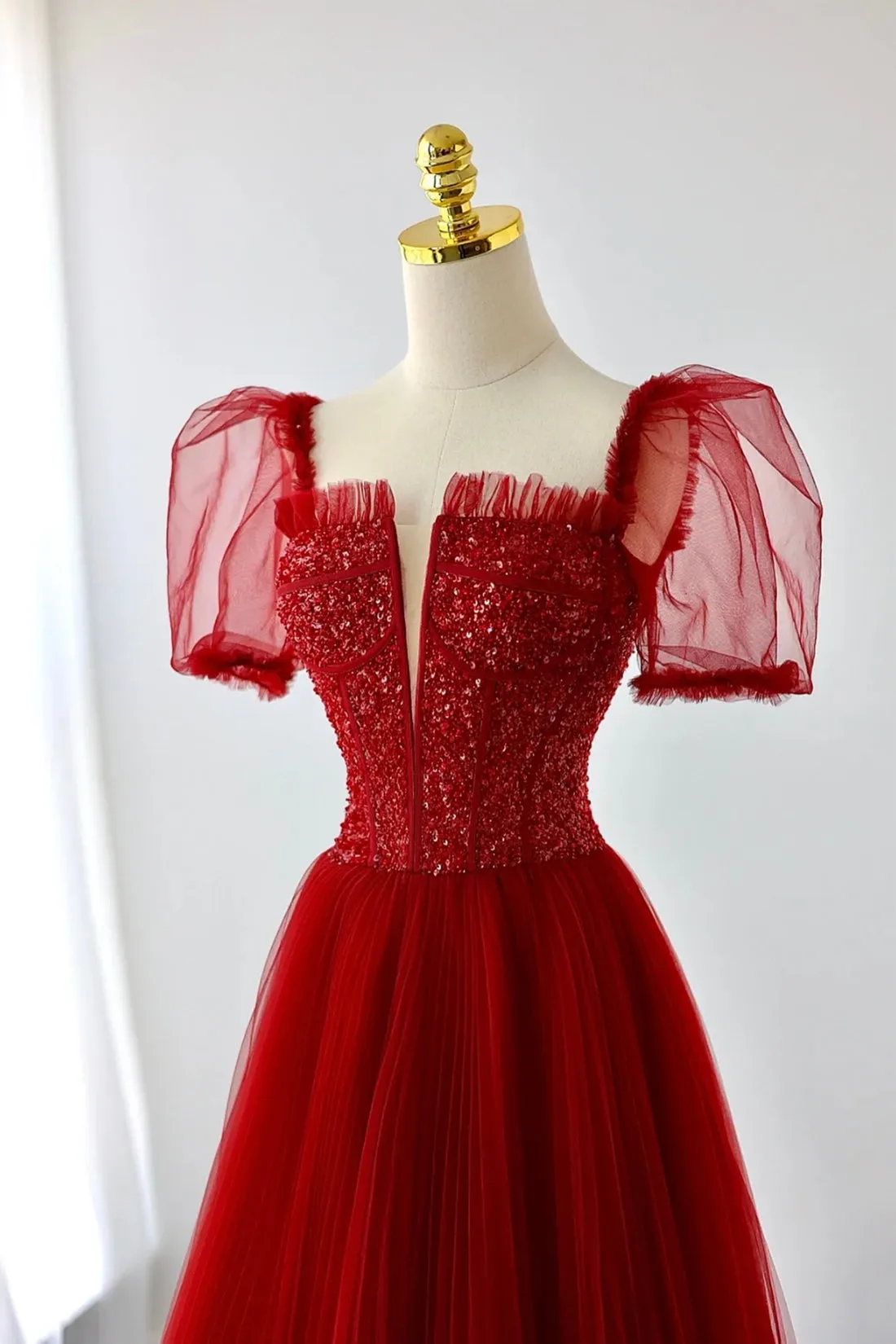 Dark Red Tulle Sequins Long Prom Dress, A-Line Short Sleeve Evening Party Dress