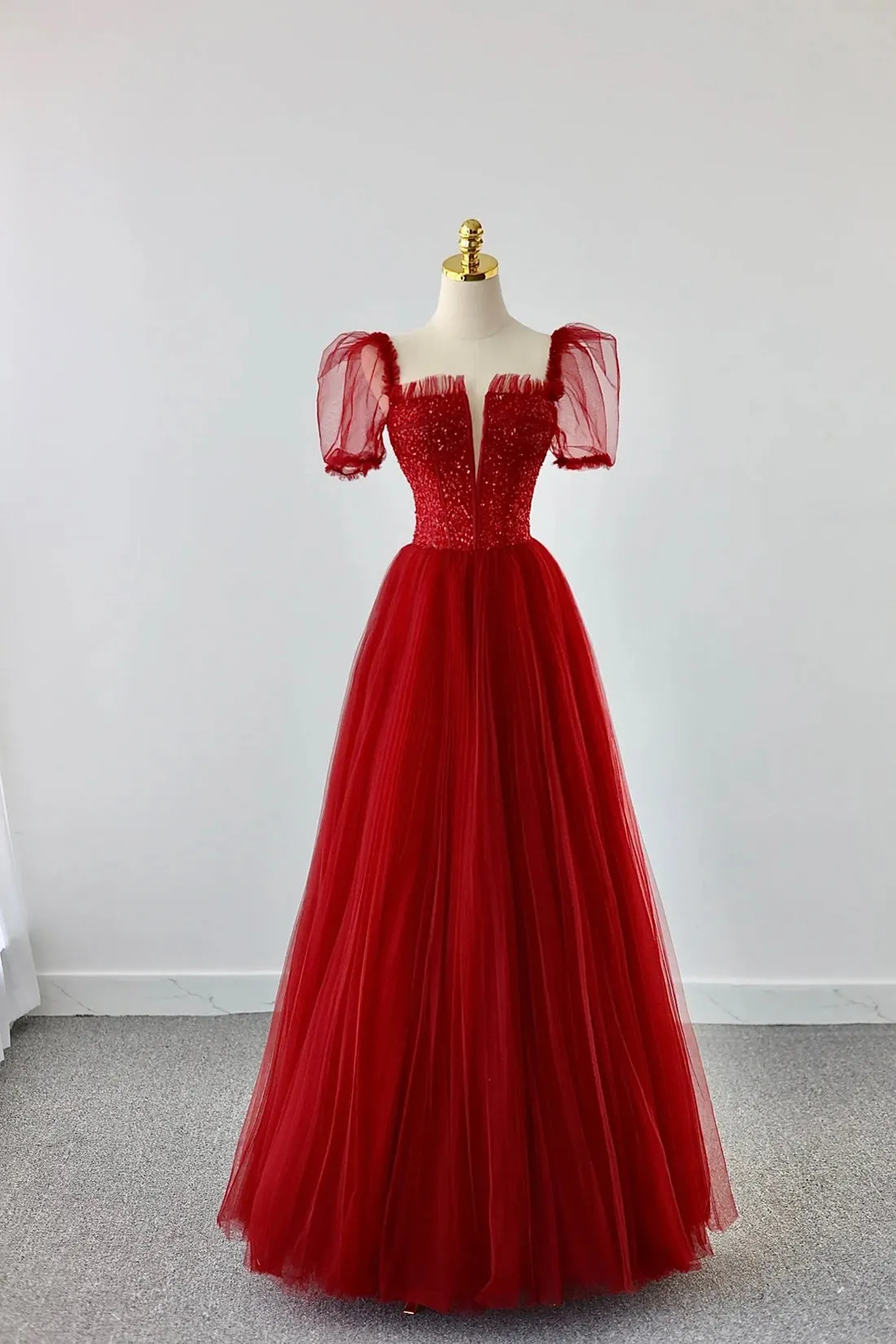 Dark Red Tulle Sequins Long Prom Dress, A-Line Short Sleeve Evening Party Dress