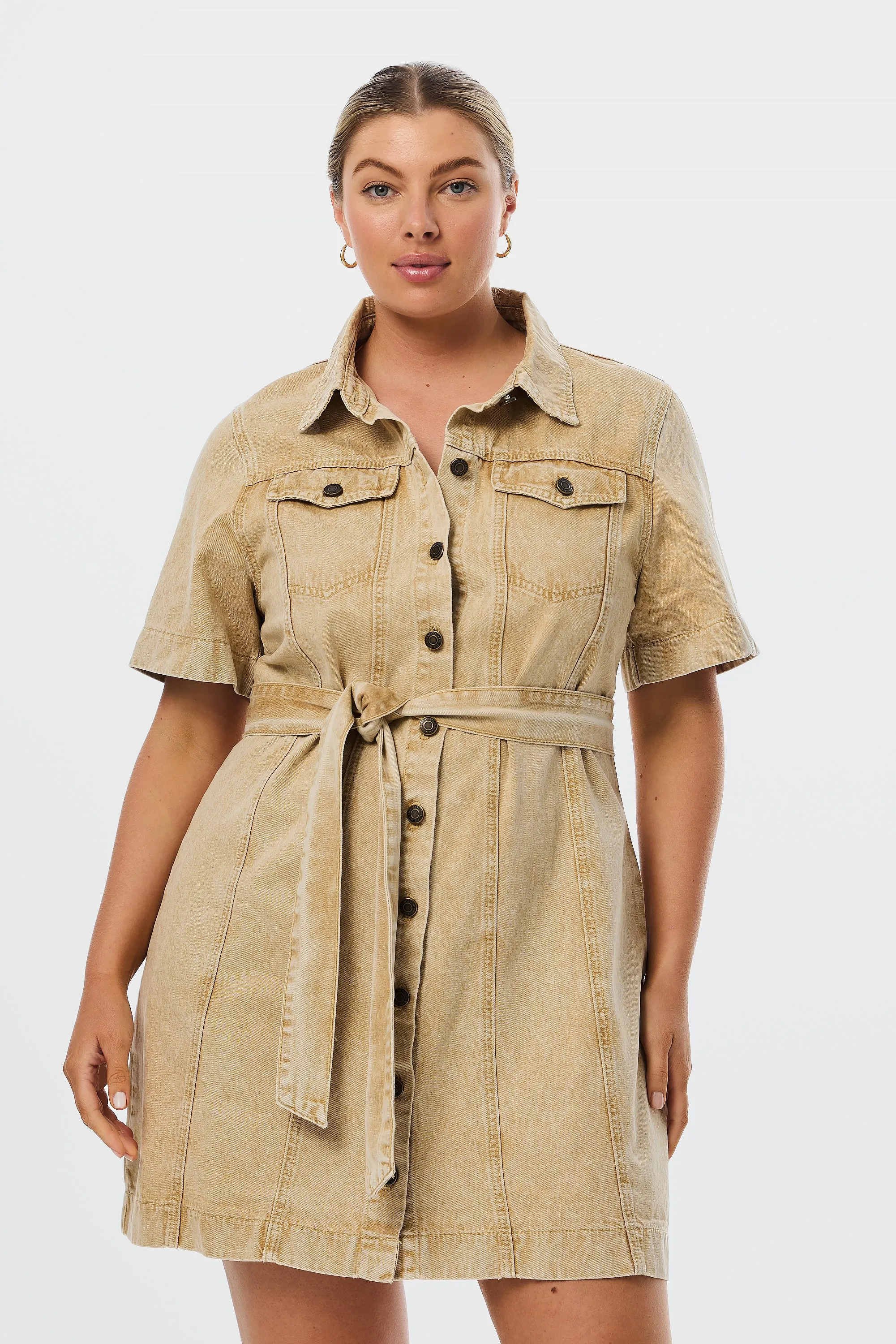 Denim Mini Dress - Washed Tan