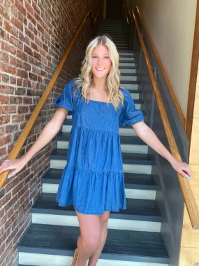 DENIM MINI DRESS WITH SQUARE NECKLINE AND BUBBLE SHORT SLEEVES