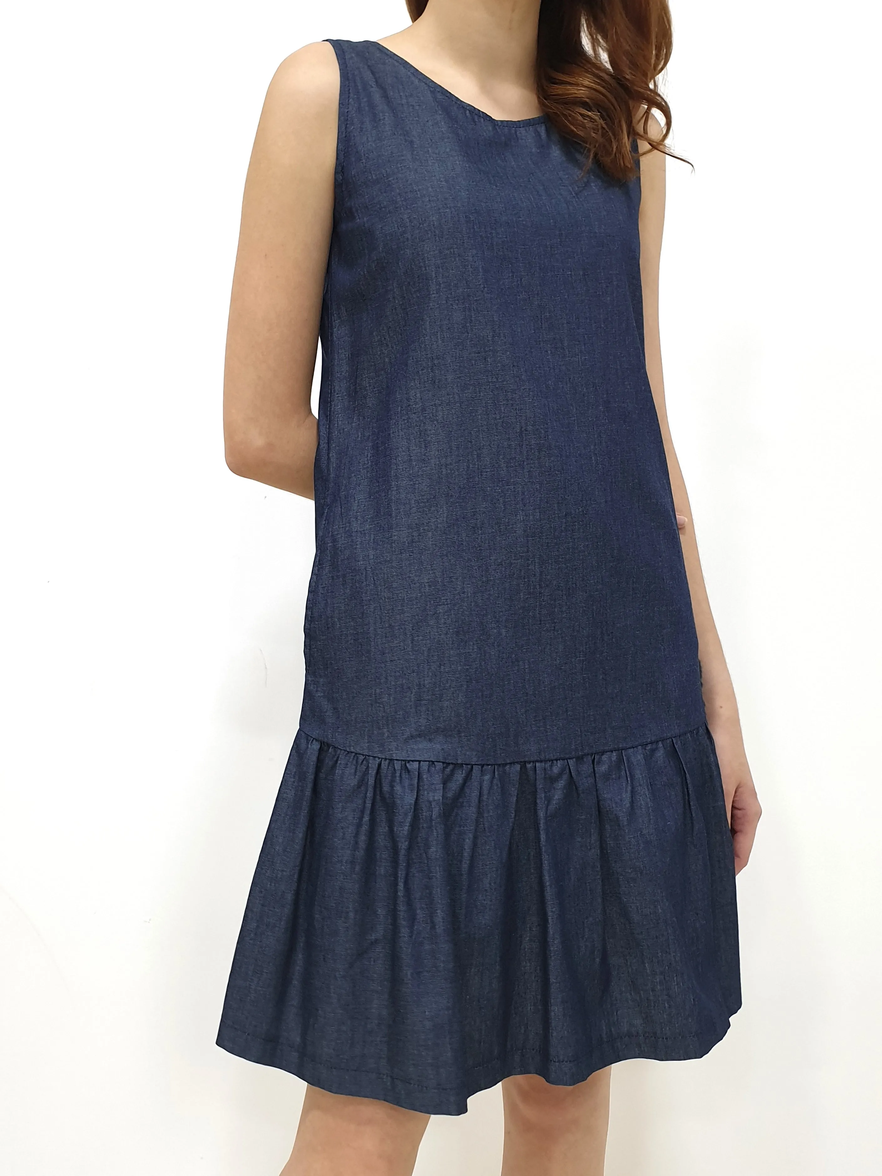 Denim Ruffles Sleeveless Dress - Blue