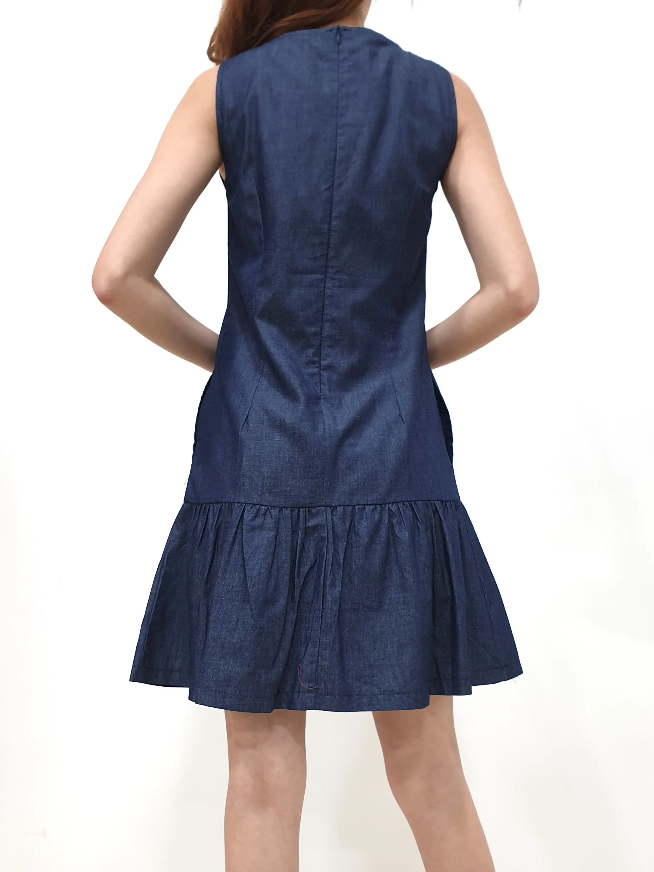 Denim Ruffles Sleeveless Dress - Blue