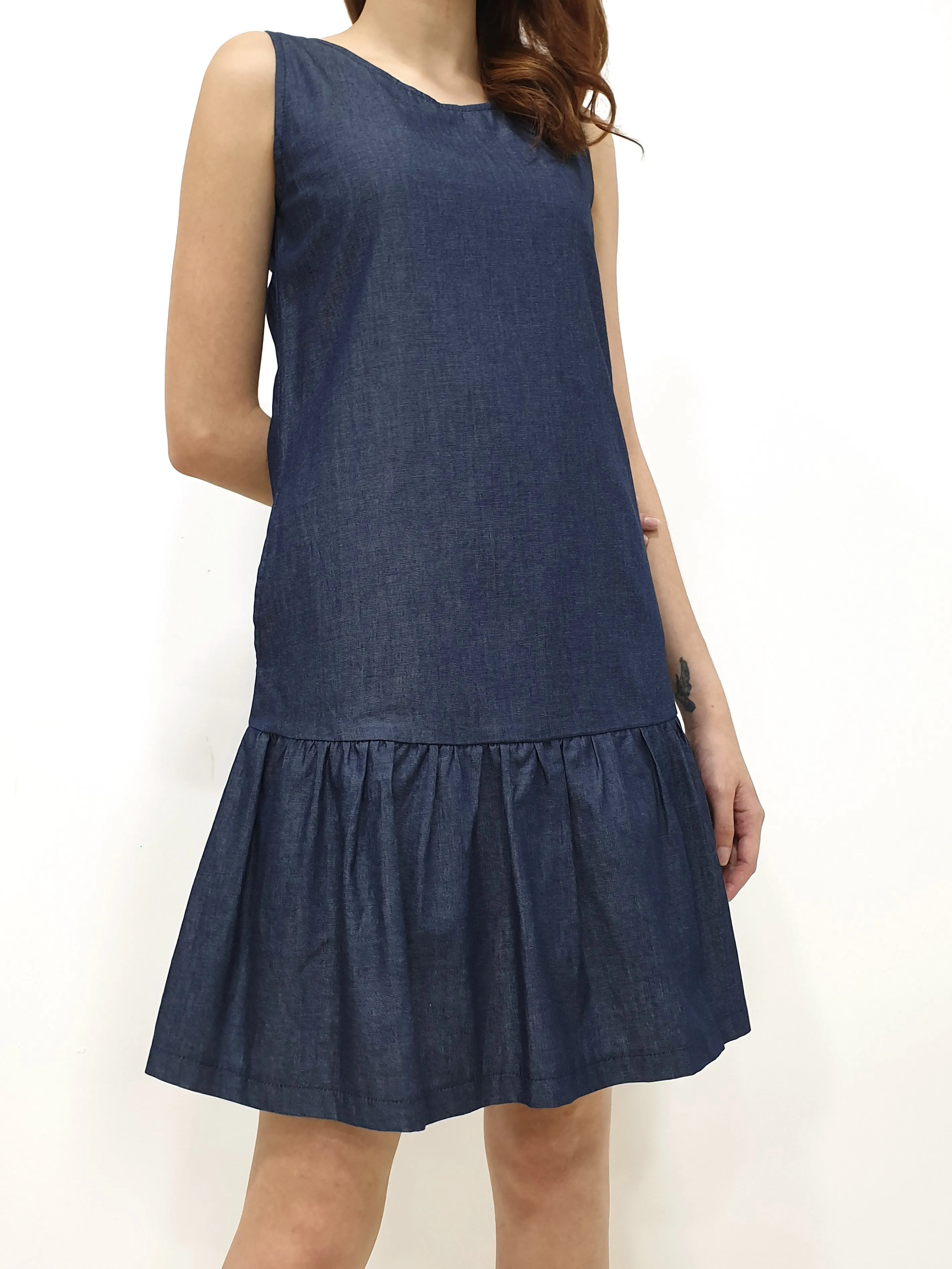 Denim Ruffles Sleeveless Dress - Blue