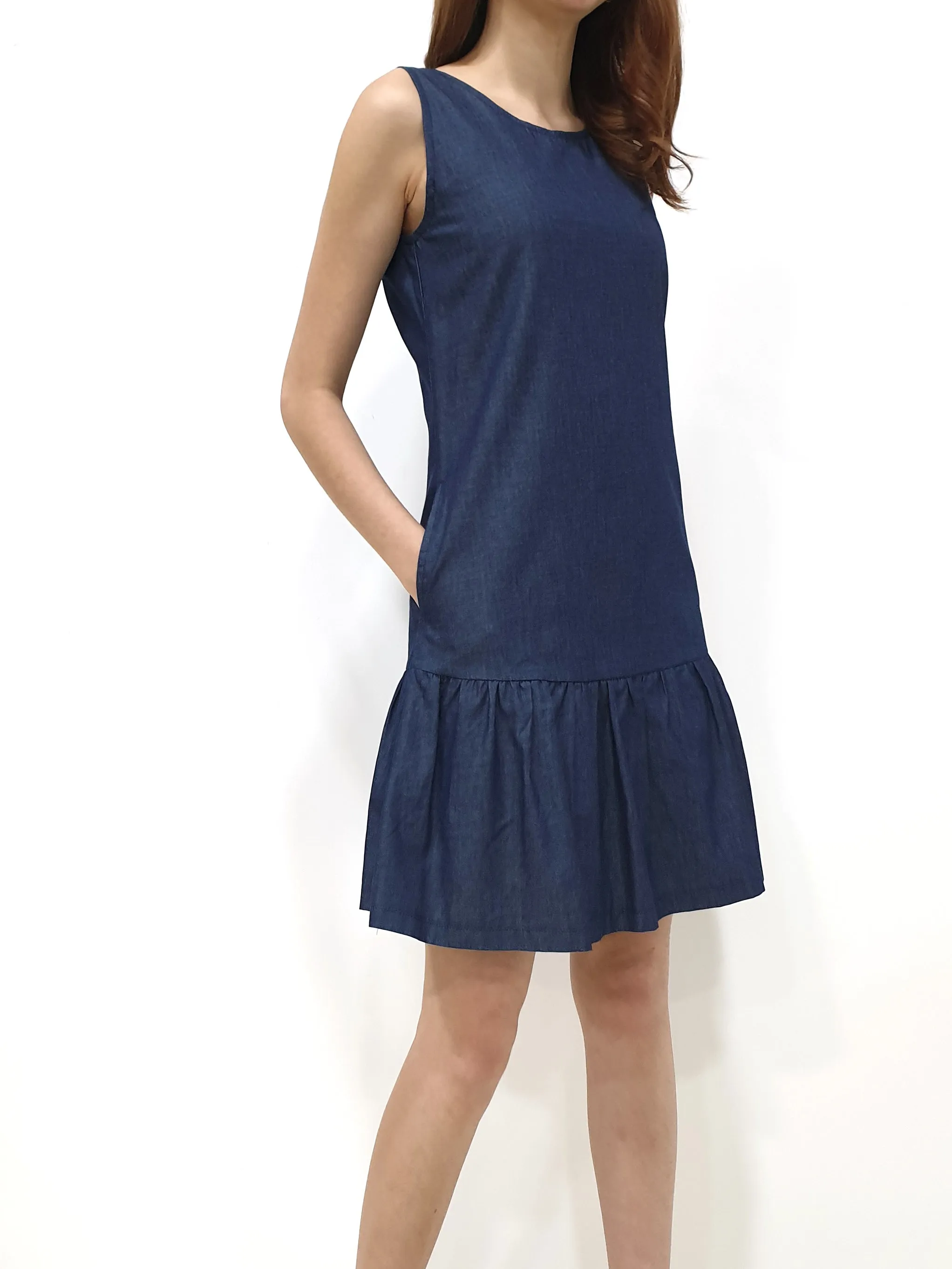 Denim Ruffles Sleeveless Dress - Blue