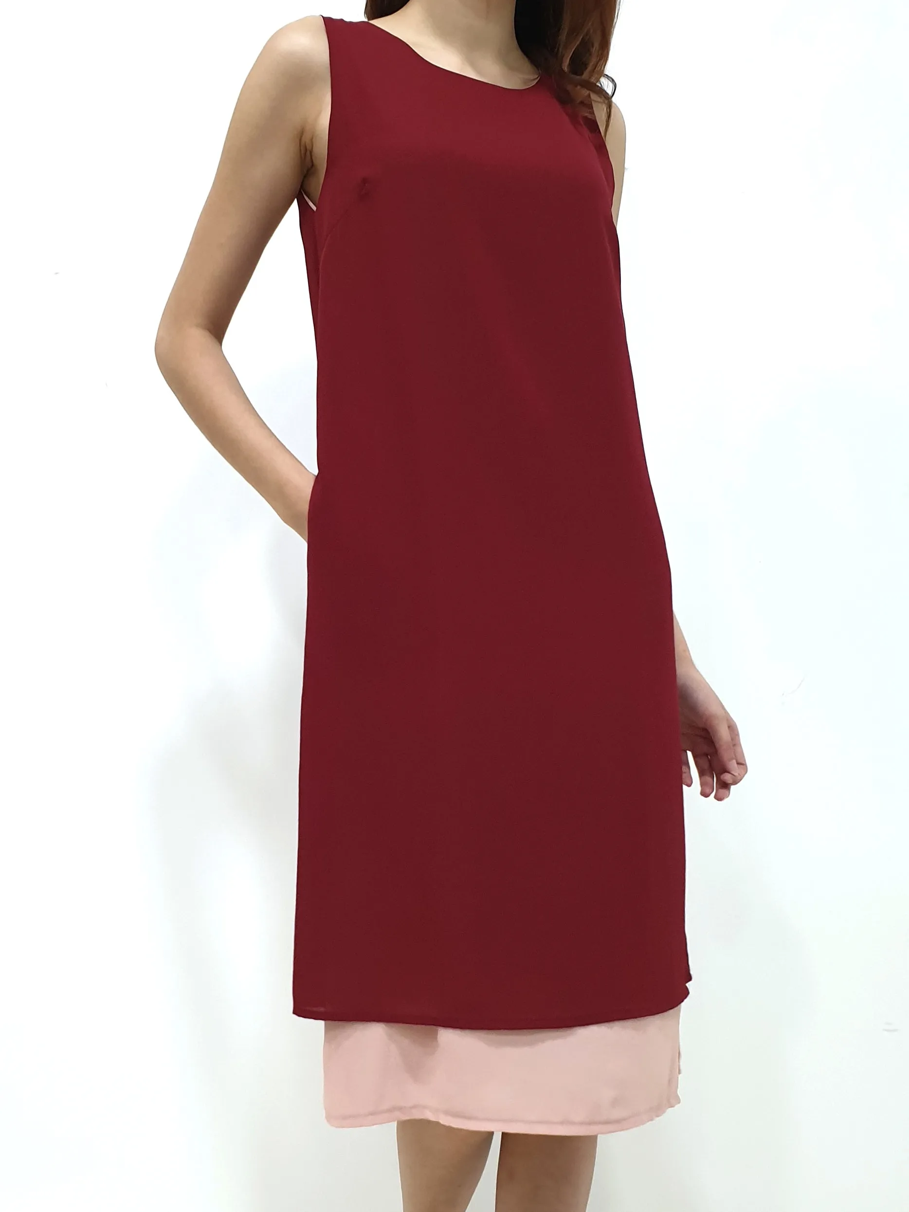 Duo Tone Shift Midi Dress - Maroon (Non-returnable)