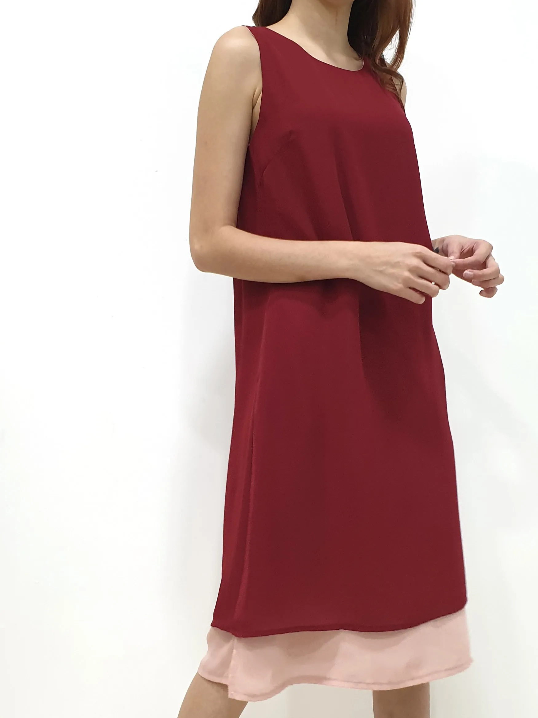 Duo Tone Shift Midi Dress - Maroon (Non-returnable)