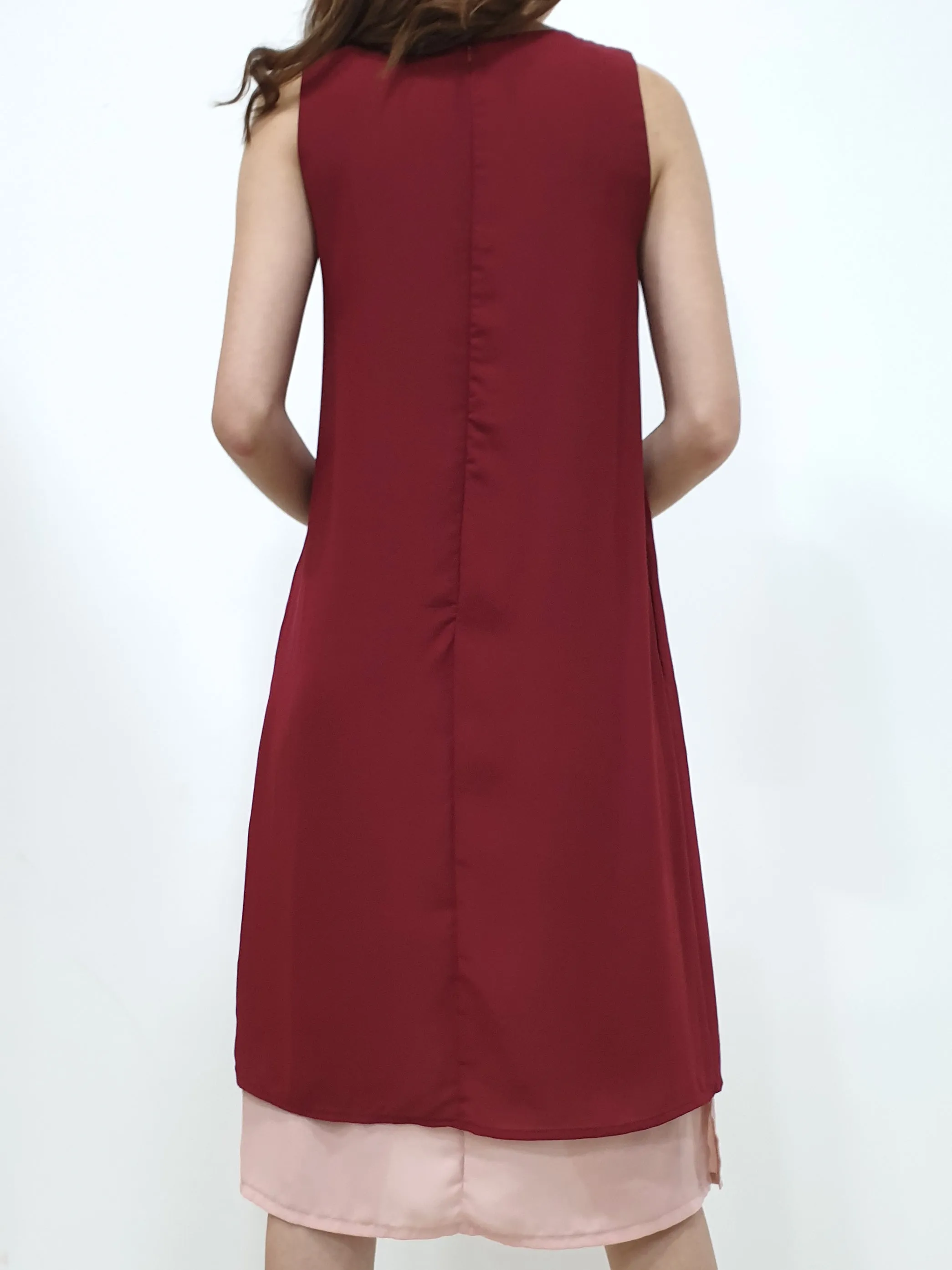Duo Tone Shift Midi Dress - Maroon (Non-returnable)