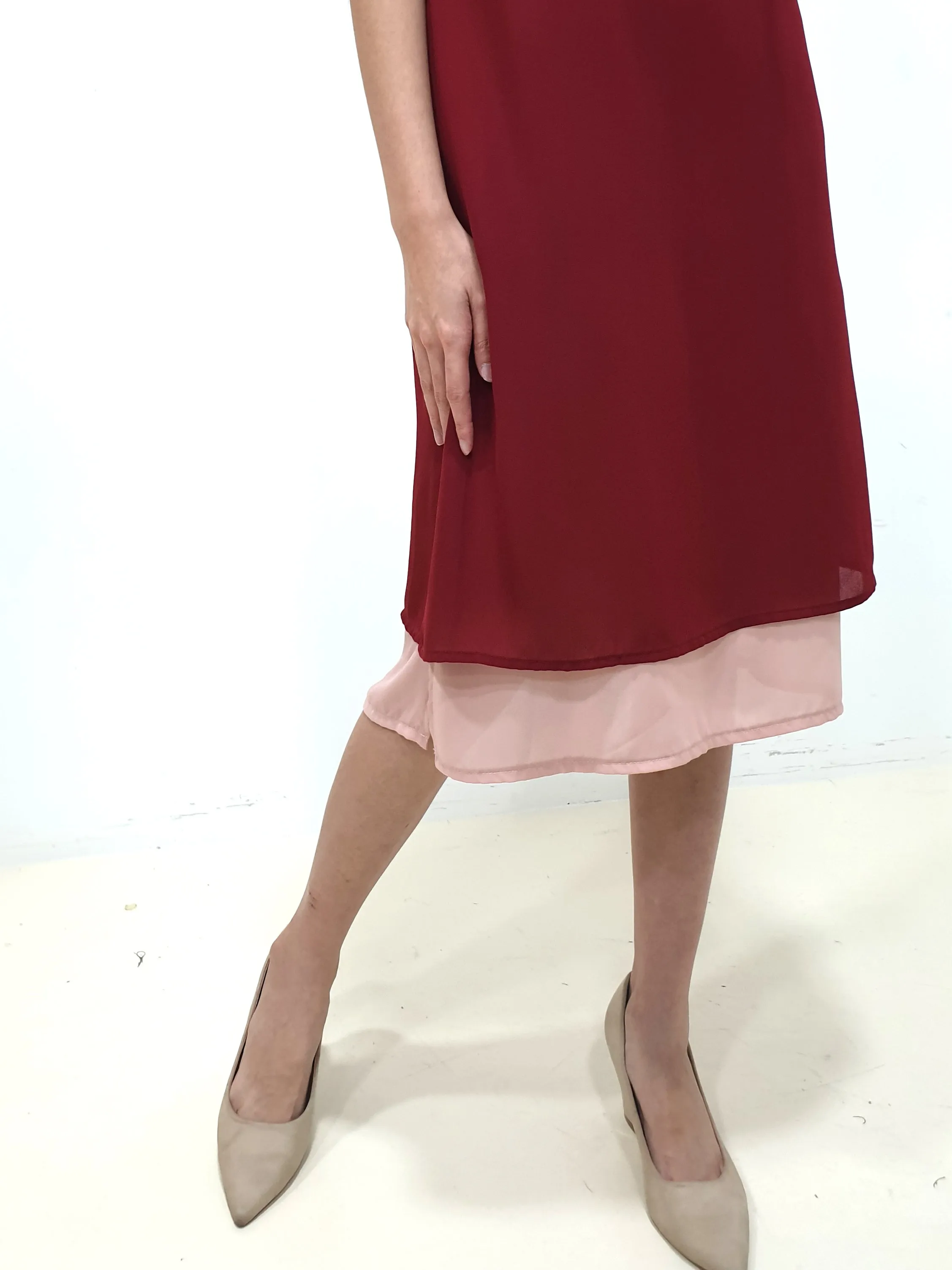 Duo Tone Shift Midi Dress - Maroon (Non-returnable)