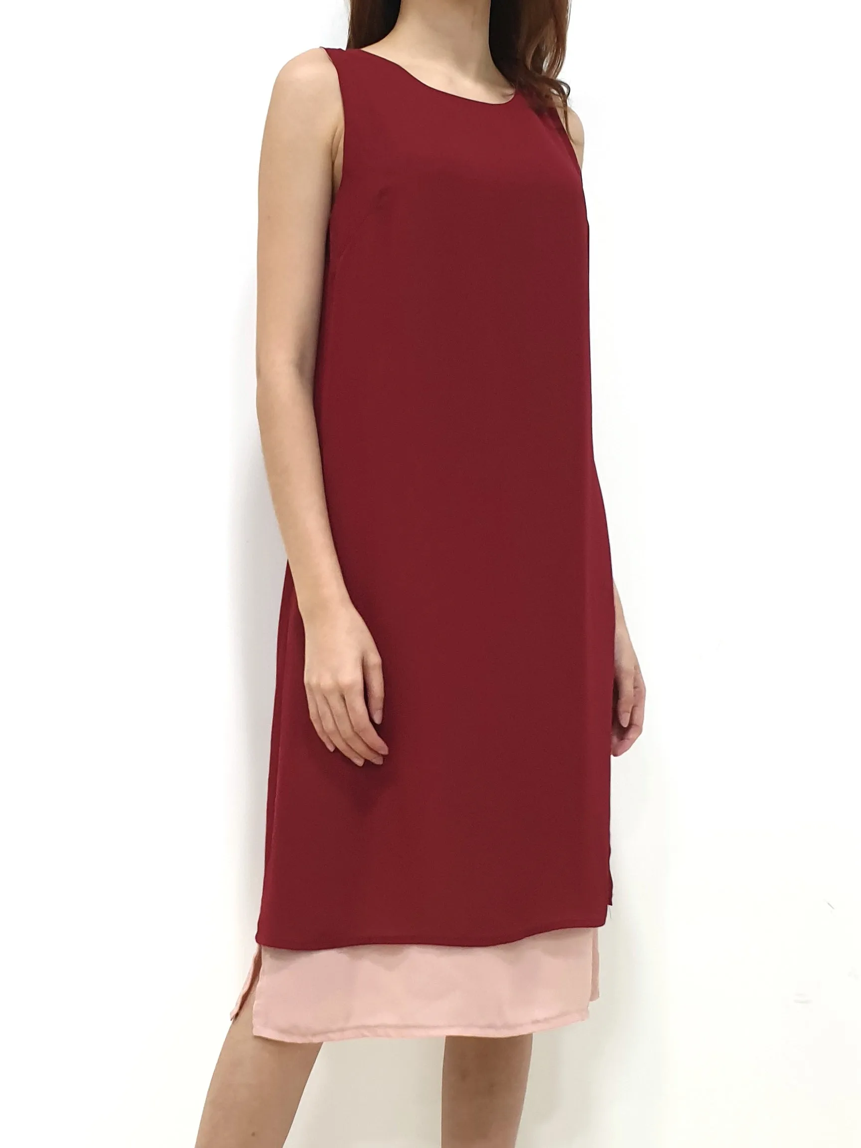 Duo Tone Shift Midi Dress - Maroon (Non-returnable)
