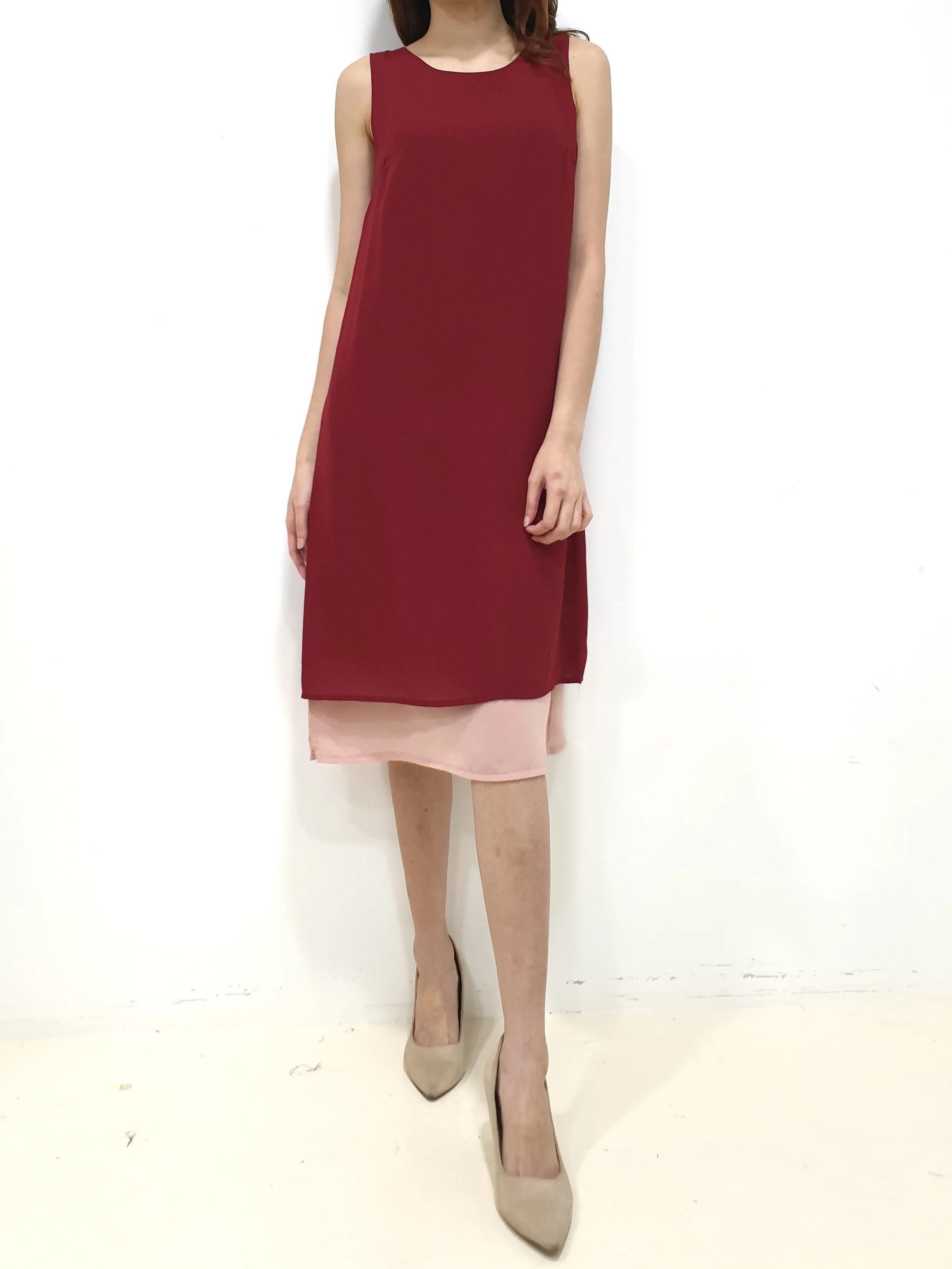 Duo Tone Shift Midi Dress - Maroon (Non-returnable)