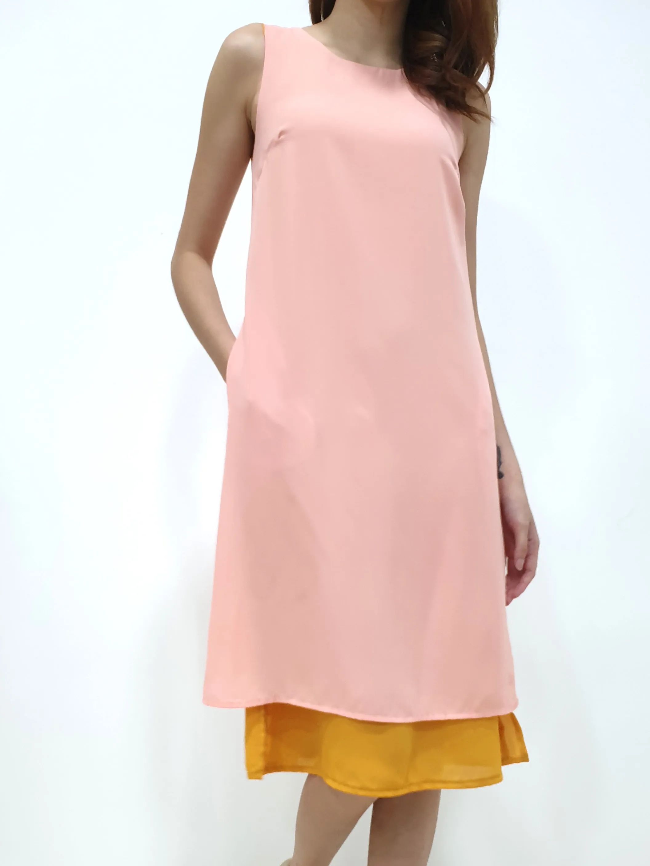 Duo Tone Shift Midi Dress - Peach (Non-returnable)