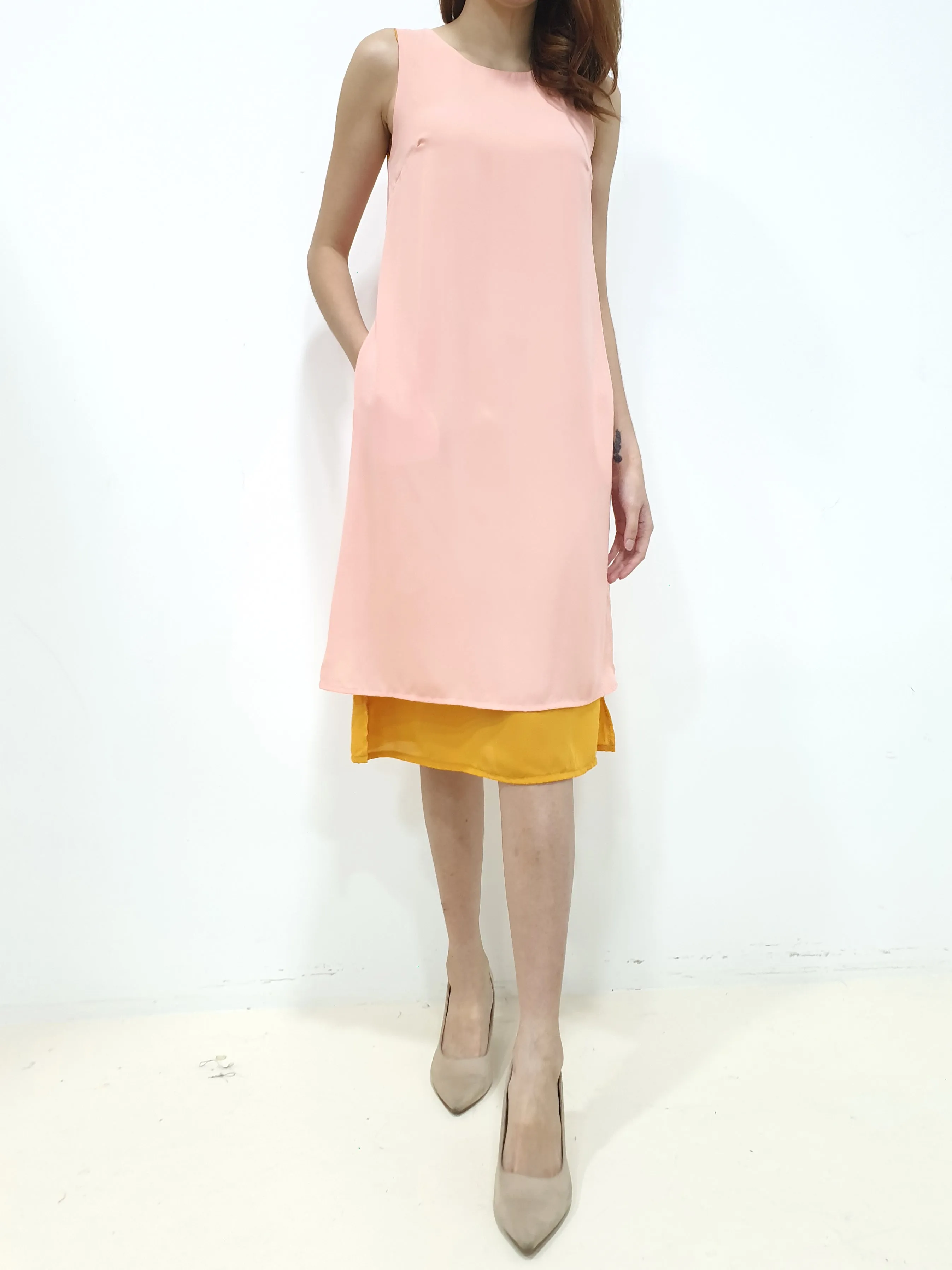 Duo Tone Shift Midi Dress - Peach (Non-returnable)