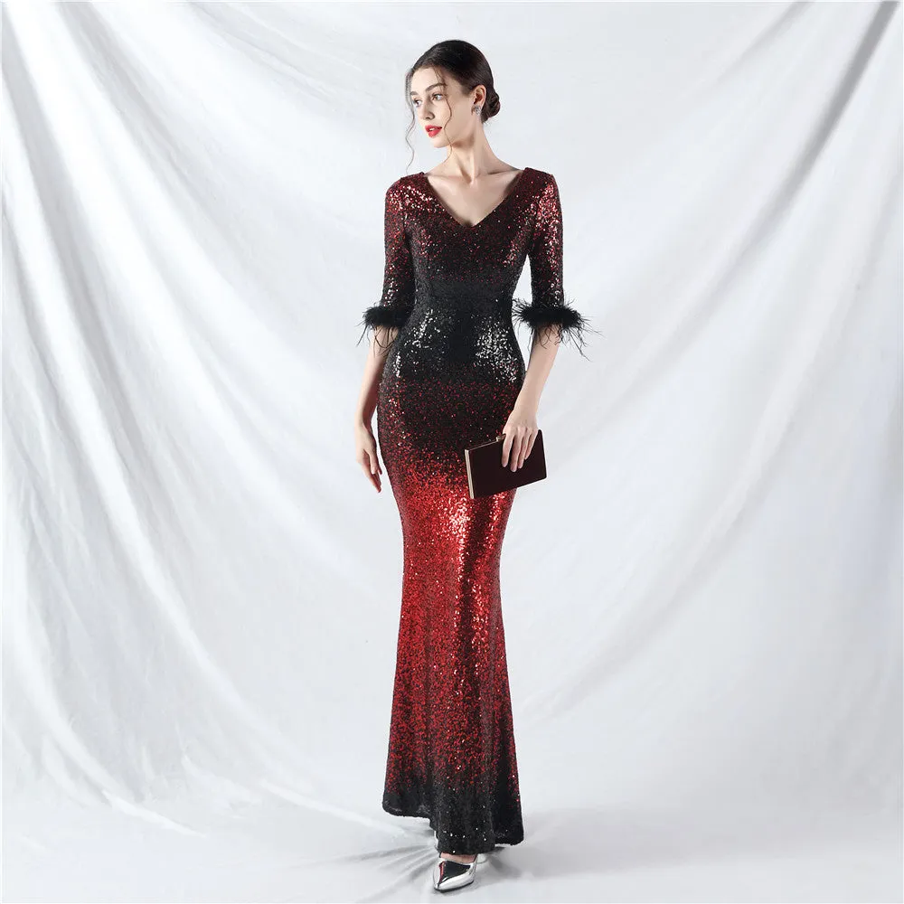 Elegant Feather Gradient Sequin Long Sleeve Evening Dress